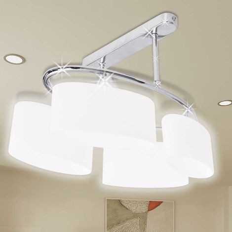 Plafonnier moderne 4 feux E14 avec abat-jours en verre chromé – Luminaire plafond métal pour salon ou chambre – 40 x 25 x 27,5 cm – Ampoules non incluses (1/5)