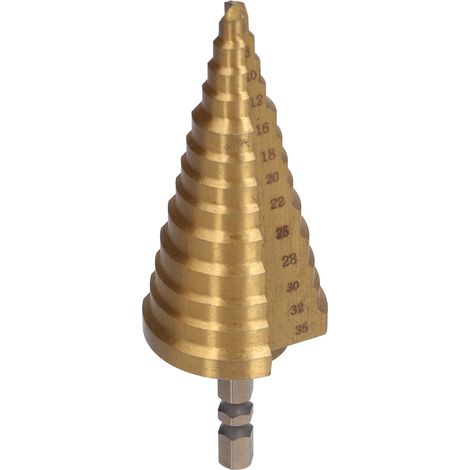 Foret étagé avec revêtement en titane, cône pagode 118°, outil d'alésage HSS, poignée hexagonale 1/4", 6-35 mm (1/5)