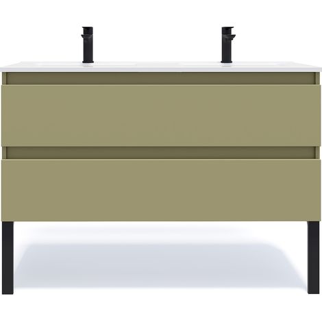Meuble de salle de bain suspendu double vasque intégrée 120cm 2 tiroirs Vert olive - Hudson (1/5)