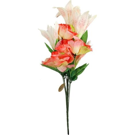 Elegante bouquet artificiale di 9 fiori, mix di rose e gigli color salmone, altezza 60 cm. (1/3)