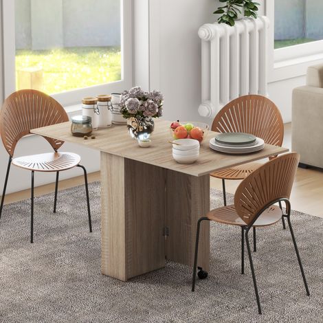 Folding Dining Table, Drop Leaf Table for Small Spaces with 2-tier Shelves, Small Kitchen Table with Rolling Casters, Natural