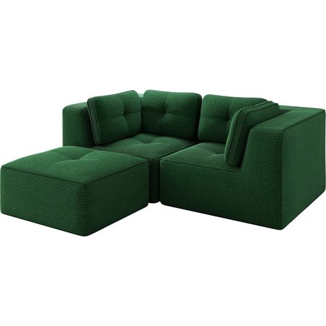Canapé d'angle modulable sans cadre, 2 places, tissu velours côtelé vert avec repose-pieds mobile (1/5)