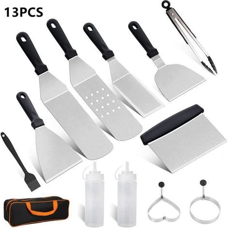 Spatule de Barbecue Ustensiles Set 13Pcs en Acier Inox Ensemble d\'accessoires pour Plaque de Cuisson Professionnelle Teppanyaki (1/4)