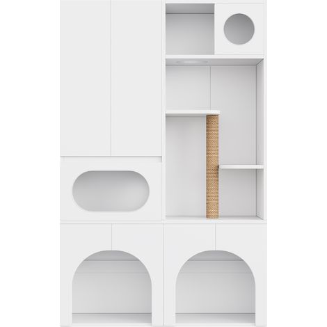 Armario para areneros de gatos de MDF blanco 140 x 45 x 195 cm con rascador y zona de descanso (1/5)
