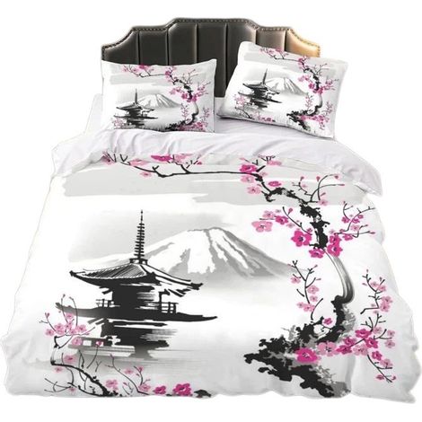 Housse de couette Pagode avec branches de cerisier, 140 x 200 cm, ensemble de literie 3 pièces en microfibre 3D (1/4)