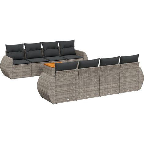 Set de muebles de jardín 9 pzas y cojines ratán sintético gris vidaXL (1/5)
