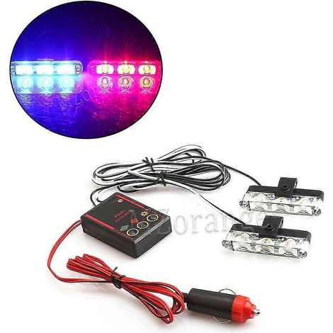 2x3 Feux stroboscopiques d'urgence FSO, gyrophares LED, stroboscopes, gyrophares de police, 12 V, 6 W, clignotants pour voiture, allume-cigare - 1 rouge, 1 bleu (1/5)