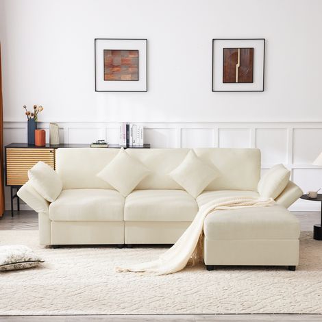 Canapé d'angle 3 places avec ottoman, 4 coussins, accoudoirs réglables beige DESVIAE (1/5)