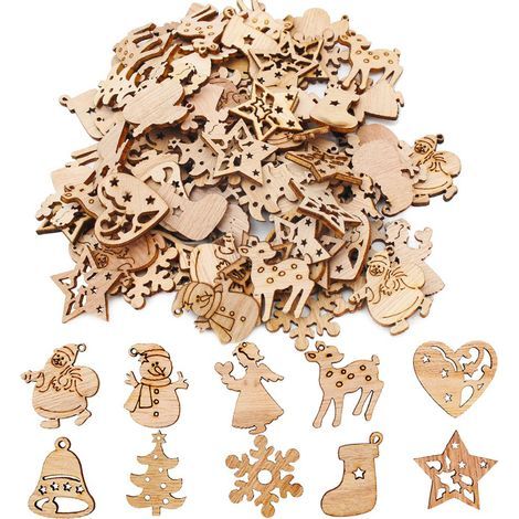 Lot de 100 ornements en bois assortis pour sapin de Noël : mini Père Noël, bonhomme de neige, élan, flocons de neige suspensions décoratives (1/5)