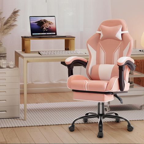 Gaming Stuhl Fußstütze Kopfstütze Lendenkissen 130kg Rosa (1/5)