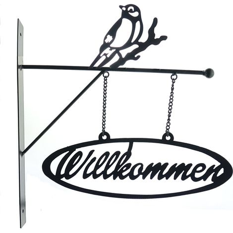 Esschert Design Wandschild Willkommen mit Meise schwarz matt - Metall