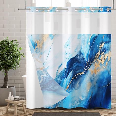 Rideau de Douche sans Crochets avec Doublure à Pression, Double Couche, Motif Abstrait marbré Marron et Bleu, décoratif pour Salle de Bain, avec fenêtre Transparente, 180x180cm (1/5)