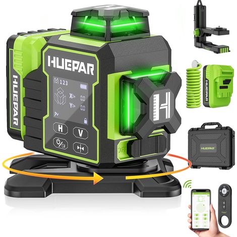 Huepar – Niveau laser vert 3x360° W03CG – Autonivelant avec 12 lignes – Base rotative électrique – Écran LCD tactile – Contrôle Bluetooth