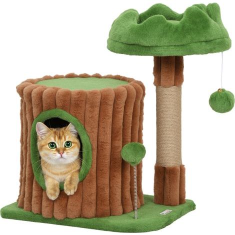Kratzbaum für Katzen, 53 cm Durchmesser, mit Höhle, Sisalpfosten und Sisalbällen, braun und grün. (1/5)
