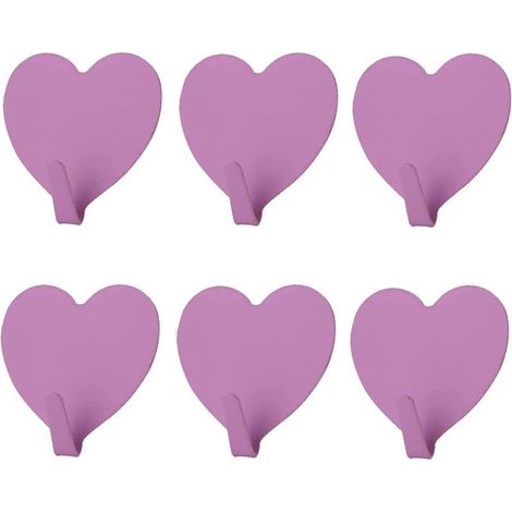 Lot de 6 crochets muraux décoratifs en forme de cœur, (violet) crochet mural adhésif solide en acier inoxydable pour la maison, la cuisine, la salle de bain, le bureau (1/4)