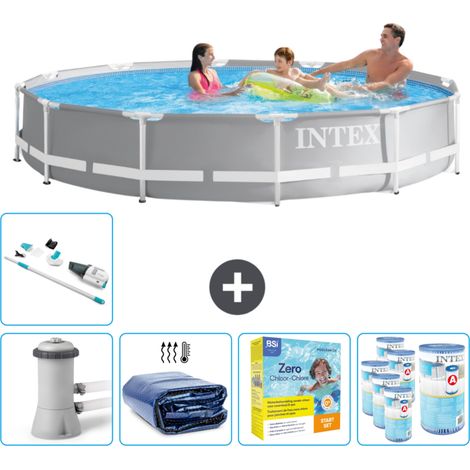 Intex Round Prism Frame Swimming Pool – 366 x 76 cm – Grau – Inklusive Zubehör CB26