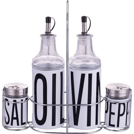 Ensemble d'assaisonnement d'huile, vinaigre, sel et poivre en verre et acier inoxydable, stand en fer, blanc (1/3)