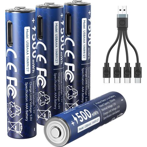 Piles Lithium AAA 1,5 V 500 mWh, Rechargeables USB-C avec câble, Lot de 4, pour Lampe Torche (1/5)