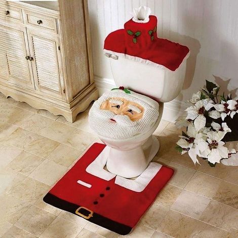 3-teiliges Set: WC-Sitzbezug, Spülkastenabdeckung, Badematte, Weihnachtsmann-Motiv
