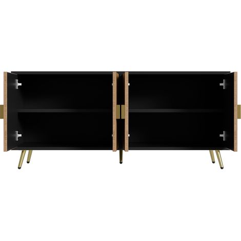 Buffet 160 cm Noir et Bois 4 Portes avec Poignées Dorées Brossées et Pieds Métalliques pour Salon (1/5)