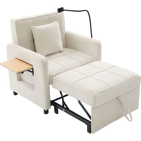 Schlafsessel 1-Sitzer mit Verstellbarer Rückenlehne, Stauraum und Ablage, Chenille Beige (1/5)