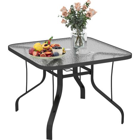 Table de jardin carrée 4 personnes avec plateau en verre et trou pour parasol 43 mm noir (1/5)