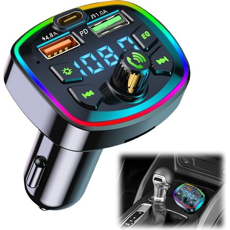 Émetteur FM Bluetooth pour voiture, accessoires de voiture Bluetooth 5.0, kit mains libres Bluetooth pour voiture, adaptateur audio Bluetooth pour voiture, 2 ports USB + Type C [4,8 A + 18 W PD] (1/5)