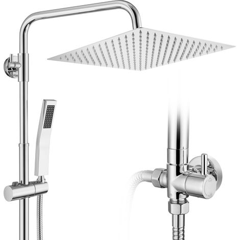 Duschsystem mit 2 Funktionen, Duschset ohne Armatur 12 Zoll eckige Regenbrause, Handbrause, höhenverstellbare Duschsäule, Chrom