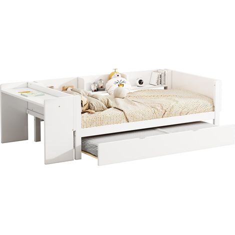 Lit Enfant Gigogne - 90x200cm - Avec bureau,espace de rangement ouvert - MDF - Blanc (1/5)