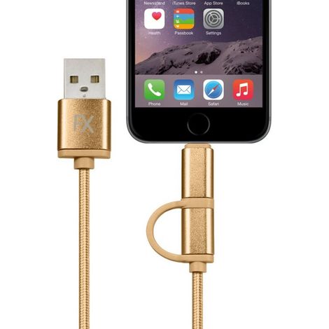 FX Powabud Nylon Braided USB Cable with 2 in 1 Dual Lightning Connector Cord[Gold] (1/4)