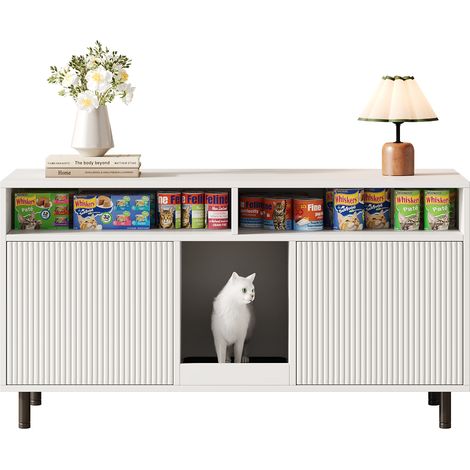 CAIziMeuble pour litière de chat / meuble pour bac à litière avec tapis anti-litière, meuble pour animaux avec étagère, buffet / meuble TV pour animaux, sans bac à litière, 120 x 50 x 66 cm, blanc (1/5)