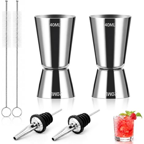 2 Pièces Doseur Cocktail 4cl, Doseurs à Liqueur en Inox avec 2 becs verseurs et 2 brosses, Mesureur Gradué Double Extrémité pour Cuisine et Maison, Jigger avec Graduation Précise (1/5)