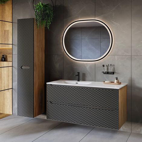 Conjunto de muebles con lavabo individual encastrado lado izquierdo 120cm 2 cajones y columna Elora Negro y madera (1/5)