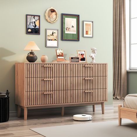 Commode 6 Tiroirs,Meuble de Rangement pour Chambre,Commode Armoire bois,100x34x73 cm,Style scandinave moderne,couleur Bois naturel (1/5)