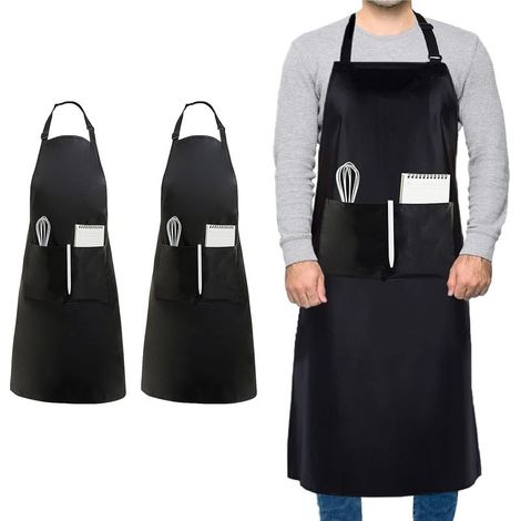 Set di 2 grembiuli da chef taglie forti, unisex, neri, impermeabili, con 2 tasche, ideali per cucinare, barbecue, lavoro, camerieri, artisti e parrucchieri (taglia grande). (1/4)