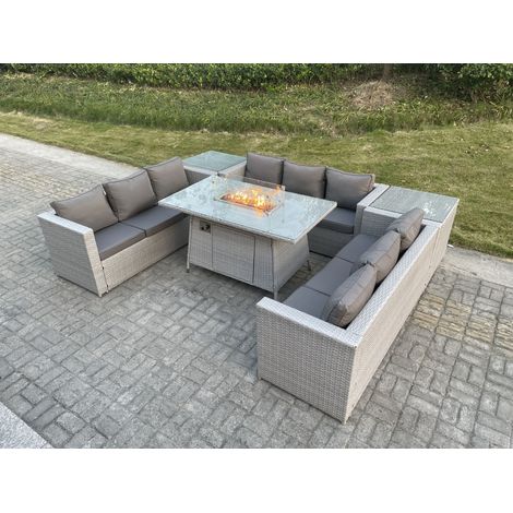 Fimous Polyrattan Gartenmöbel Set im Freien Gas Feuertisch Sofa Sets mit 2 Beistelltisch Helles Grau (1/5)