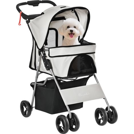 Chariot pour chiens avec auvent réglable, tissu Oxford 77x45x99, 5 cm gris, panier de rangement et roues avec frein