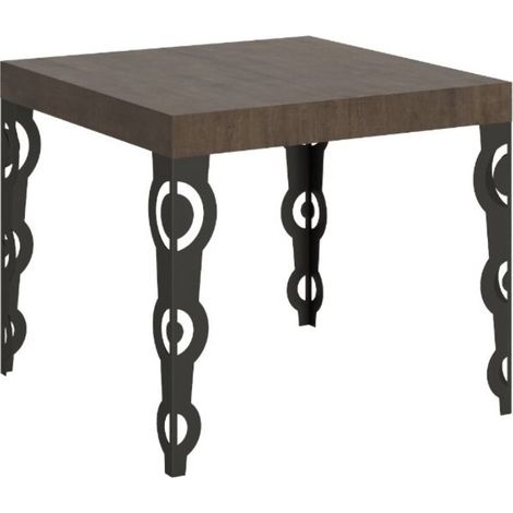 Petite table carrée 90x90 cm extensible 10 personnes 90 à 246 cm bois foncé et pieds métal anthracite Kazay (1/5)