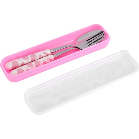 Ensemble de 2 couverts de cuisine en acier inoxydable rose, comprenant un couteau, une fourchette et une cuillère, avec boîte. (1/5)