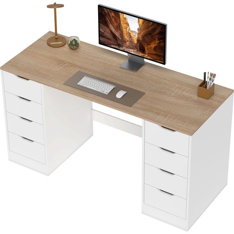 Bureau ordinateur 140 cm 8 tiroirs acier blanc bois (1/5)