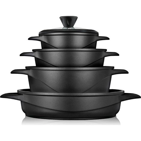 Briebe MGK-17S Batería de Cocina Inducción 8 Piezas Aluminio Fundido 4 Ollas con Tapa de Cristal Antiadherente  Negro