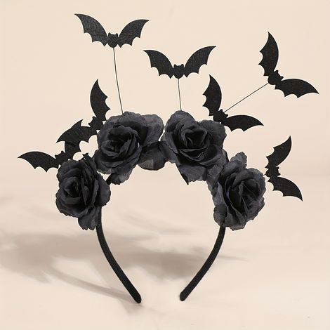 Chapeau de sorcière gothique pour femme avec fleur artificielle noire et ailes de chauve-souris - Accessoire de coiffure pour soirée fantastique sombre (1/5)