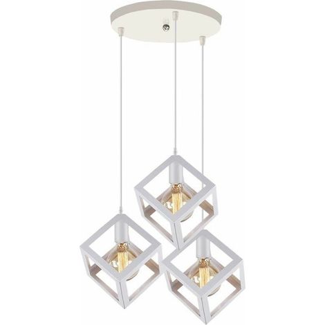 3 Lumières Lustre Suspension Vintage Style Geometrique Lampe de Suspension Luminaire en Forme de Cube Métal Plafonnier pour Chambre à Coucher, Salon, Salle à Manger, Cuisine - 16 CM, Blanc BLOW (1/4)
