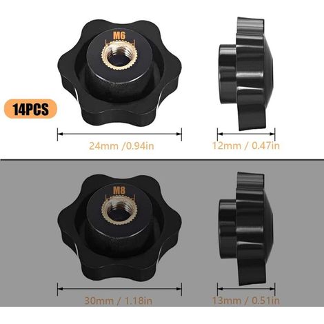 Ersandy 14 Pièces Bouton de Serrage Tête étoile, Étoile Tête Écrous De Serrage Bouton, Serrage Écrous Poignée Forme Étoile, Bouton De Serrage De Filetage, pour Machine-outil, Noire, M6, tête: 2 (1/2)