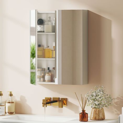 Armoire de toilette en MDF blanc avec miroir, meuble de rangement pour salle de bain, porte à amortisseur (1/5)