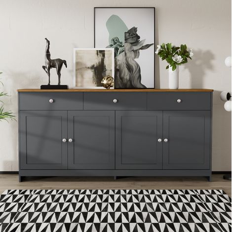 Credenza 160 x 37 x 75 cm, 4 ante, 3 cassetti, grigio nero e legno HAVRYA (1/5)