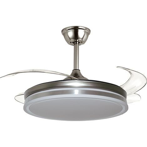 Ventilador DC NEW ASGARD niquel, 4 aspas retráctiles, 72W LED 300040006000K, Al.35xD.108/50cm