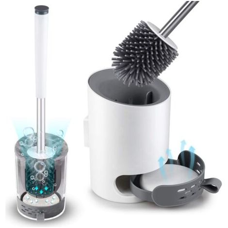 Brosse de toilette avec support mural, brosse de toilette moderne améliorée blanche, ensemble de brosse de toilette de salle de bain brosse à poils en silicone avec tapis de diatomite et pince à épile (1/5)