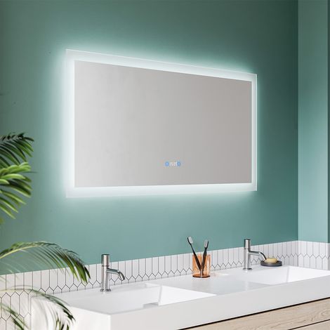 SONNI Badspiegel LED Beleuchtung Badezimmerspiegel Wandspiegel 120x60cm 2 Touch-Schalter Uhr Temperaturanzeige Beschlagfrei +Gedächtnisfunktion IP44,Energiesparend (1/5)