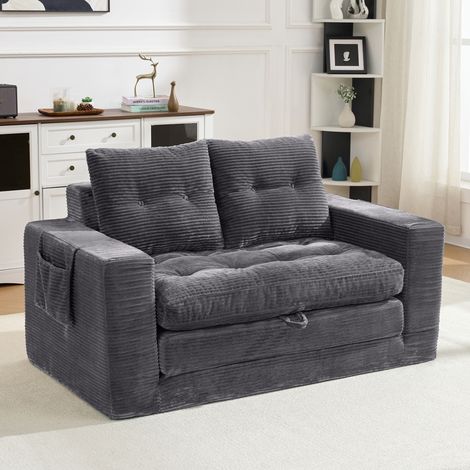 Canapé convertible 2 places 140x85x67 cm, idéal pour s’allonger et s’asseoir, accoudoirs larges avec poches latérales, velours côtelé, Gris foncé